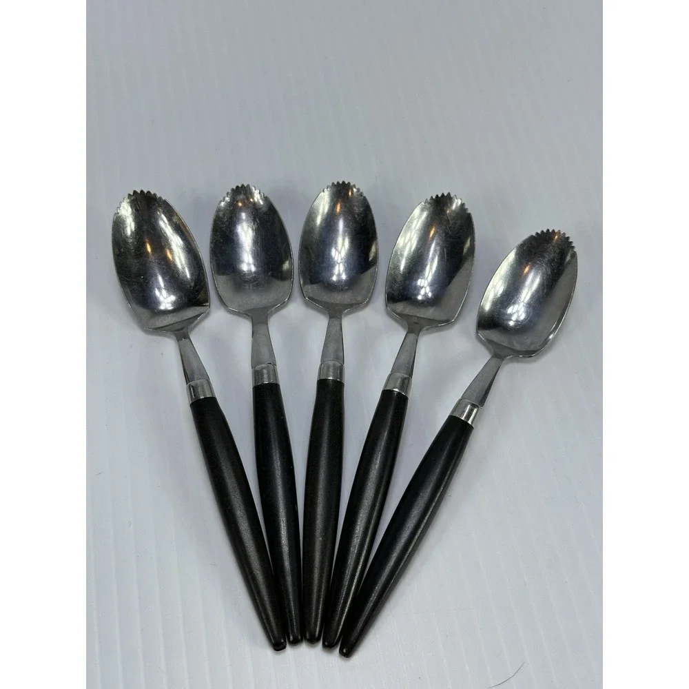 5 Vintage Serrated Citrus Stainless‎ Spoons Black Plastic Handle 6